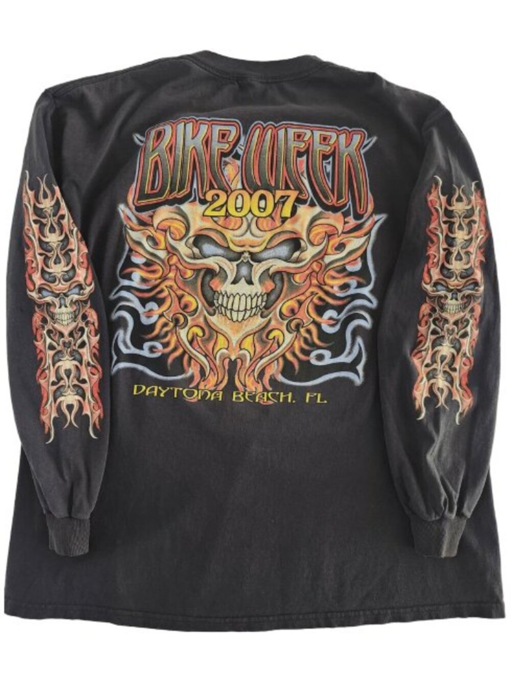 2007 Daytona Beach Bike Week Long Sleeve T-Shirt XL Skull Flames Distressed Y2K